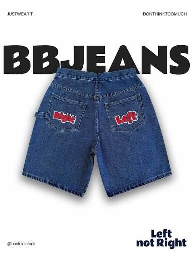 กางเกงยีนส์ขาสั้น BBJEANS กระเป๋าหลังปักคำว่า Right และ Left — Left not Right